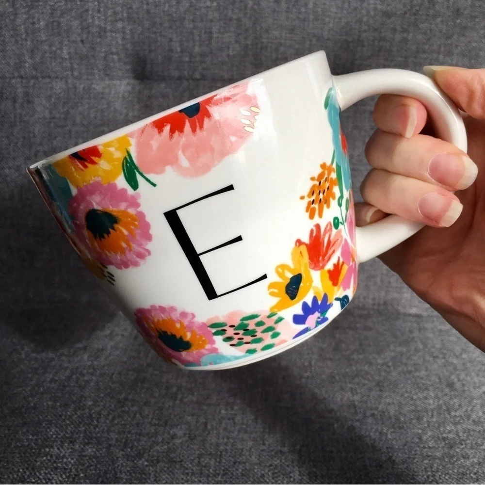 Floral E Initial Mug White Black Pink Blue Yellow 16 oz